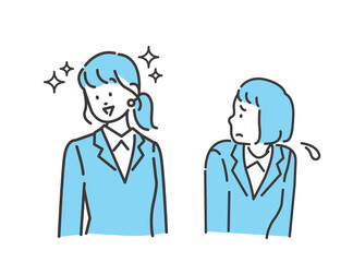 自信に満ち溢れる女性社員と自信がない女性社員 イメージイラスト ベクター素材