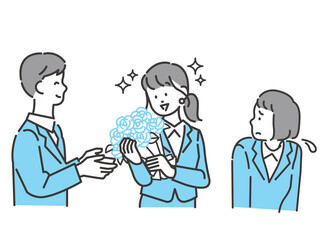 花束をもらう女性社員と羨ましく思う女性社員 イメージイラスト素材 ２色