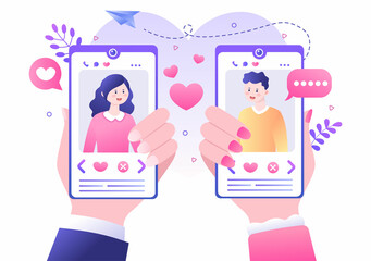 Dating App For a Couple With Male and Female in Smartphone If Match Become Love or Relationships. Background Flat Design Vector Illustration