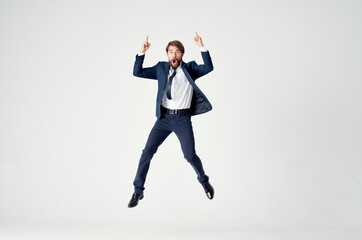 business man in suit emotions jump joy