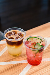 iced coffee, summer cold drink in cafe on street, menu.