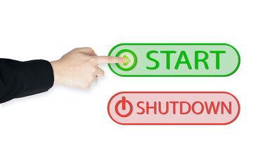 Start and shutdown button The human hand selects the start button on the virtual screen. concept of starting or re-starting a system. with copy space or business design