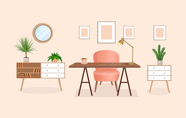 Interior of a room for working from home with furniture and houseplants. Office with computer, workplace, cabinet. Vector flat style illustration. Remote work, freelance, education and business.