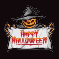 scarecrow holding halloween banner vector