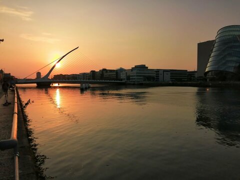 Sunset on the Samuel Beckett Bridge in Dublin IFSC