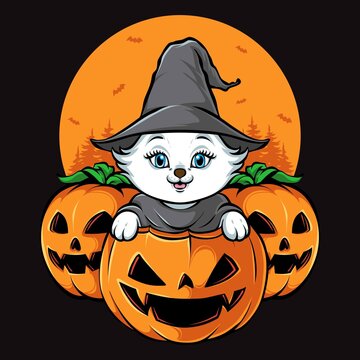 pumpkins head with cute cat halloween vector