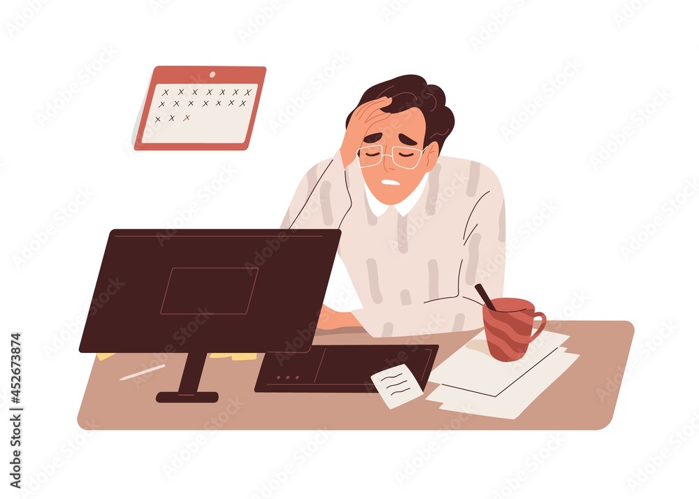 Poster tired sick man at work. exhausted overworked employee at office desk. concept of burnout and overloa