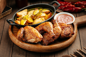 Rustic roasted chicken with potatoes and red sauce