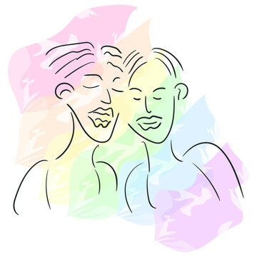 Hand drawn line art surreal abstract human face of men couple with rainbow art tone color background. Concept of supporting human rights and sexual freedom and lgbtq.