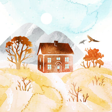 Watercolor autumn vector landscape in orange color. Illustration of mountains, trees, house. Design for print, poster, postcard, banner