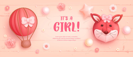 Fototapeta na wymiar Baby shower horizontal banner with cartoon fox, hot air balloon, helium balloons and flowers on pink wooden background. It's a girl. Vector illustration