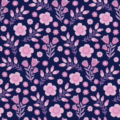 Seamless purple small flower pattern. Decoration beautiful background design. Drawing vintage floral textile fashion.