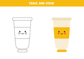 Trace and color cute kawaii paint tube. Worksheet for kids.
