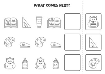 What comes next game with black and white school supplies.