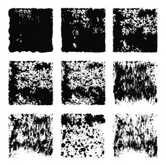 Set of nine square sponge imprints. Rectangular spots created with sponge and ink. Grunge paint squares. Eps10 vector
