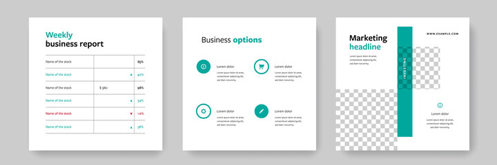 Clean and editable business instagram and facebook posts, square social media layout with green accent, white background, corporate minimal graphic design for marketing purposes