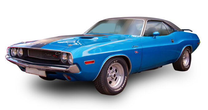 American clasical muscle car Dodge Challenger 1970. White background.