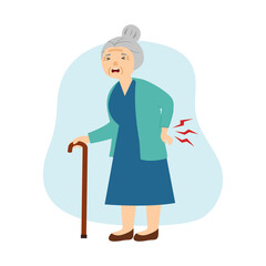 Senior woman having low back pain in flat design on white background. Backache symptom. Muscle or bone problem.