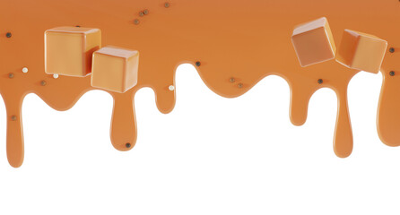 Drops flowing caramel with sprinkles and pieces square toffee candy. Melted brown sweet glaze or fudge, liquid cream border with dripping droplets, molten texture peanut butter, realistic 3d render