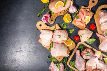 Various raw chicken meat portions