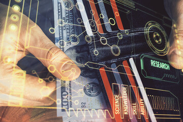 Double exposure of technology drawing hologram and us dollars bills and man hands. Data concept