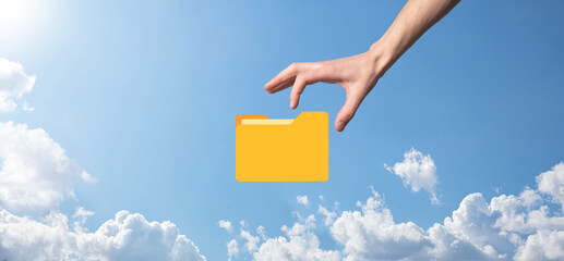Businessman hold folder icon.Document Management System or DMS setup by IT consultant with modern...
