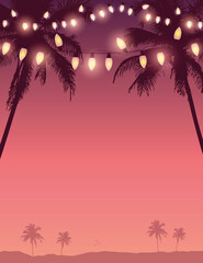 tropical summer paradise background with fairy light and palm leaves