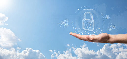 Cyber security network. Padlock icon and internet technology networking. Businessman protecting...