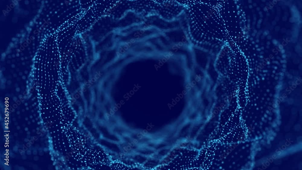 Poster technology wireframe tunnel on blue background. futuristic 3d wormhole grid. big data visualization.