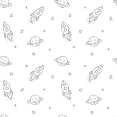 A simple cute seamless pattern with a spaceship, rocket, planet Saturn. Black and white background with isolated hand-drawn doodle outline elements. Vector illustration.