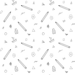 A simple school seamless pattern with a pencil, handwriting, house, flower drawn in a childish style. Black and white background with isolated hand-drawn doodle outline elements. Vector illustration.
