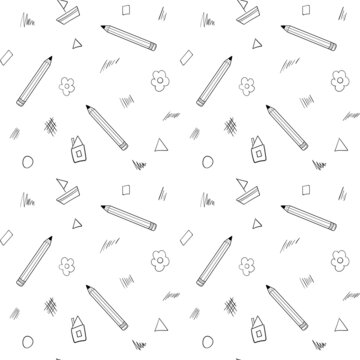 A simple school seamless pattern with a pencil, handwriting, house, flower drawn in a childish style. Black and white background with isolated hand-drawn doodle outline elements. Vector illustration.