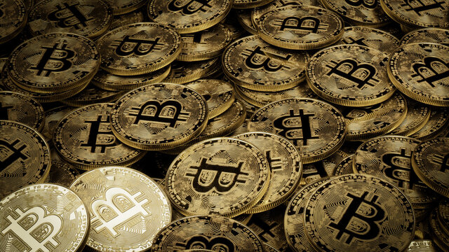 Bitcoin Cryptocurrency represented as Gold Coins. Blockchain Money Background. 3D Render.