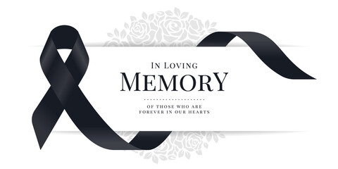 In loving memory of those who are forever in our hearts text and black ribbon sign are roll waving around white banner on rose texture background vector design - obrazy, fototapety, plakaty