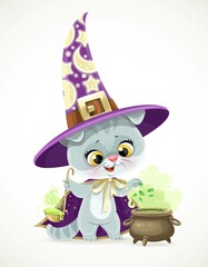 Cute cartoon baby cat in the wizard's hat and cloak brews a magic potion in cauldron isolated on a white background