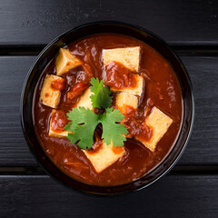 Tomato soup with cream, croutons and cilantro in a black bowl on black wooden background. Copy space for text