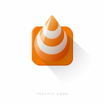 Traffic cone icon. Orange-white plastic road cone. Road sign.