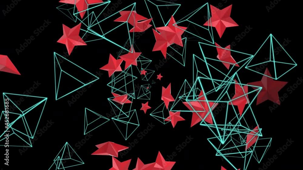 Poster abstract flight of red volumetric stars and transparent equilateral triangles in infinite space. clo