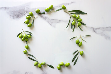 Naklejka na ściany i meble Ripe green olives on a branch. Copy space.