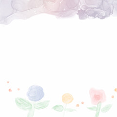 アルコールインクアート背景）水色・黄色・ピンクの花　正方形　春　ナチュラル　かわいい　コピースペース