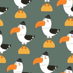 seamless pattern with cartoon gull, decor elements. colorful vector, flat style. design for fabric, textile, print, wrapper.