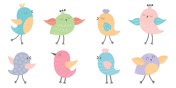 Hand drawn set of cute birds