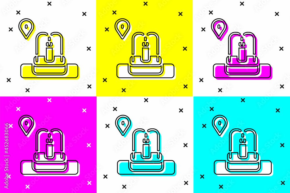 Poster set location with fountain icon isolated on color background. vector