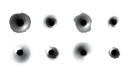 Realistic bullet holes set vector illustration. Collection of damaged element from shooting weapon - obrazy, fototapety, plakaty