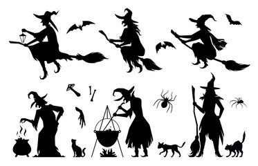 Set silhouettes of witches in black ragged dress vector flat illustration. Halloween scary bat, cat