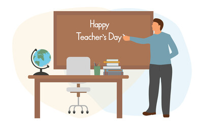 Happy teacher’s day. Teacher man writes with chalk on blackboard. Workplace of educator with globe and books at school or college or university. Vector illustration
