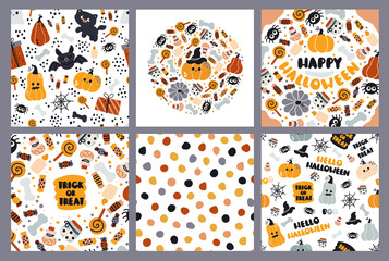 A set of cards for Halloween. Postcards and seamless vector patterns with pumpkins, bones and sweets