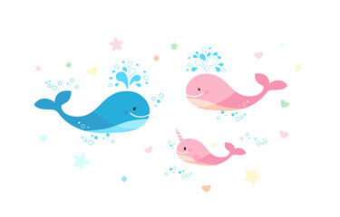 A happy family of whales. Dad is a blue whale and pink mom and cub.