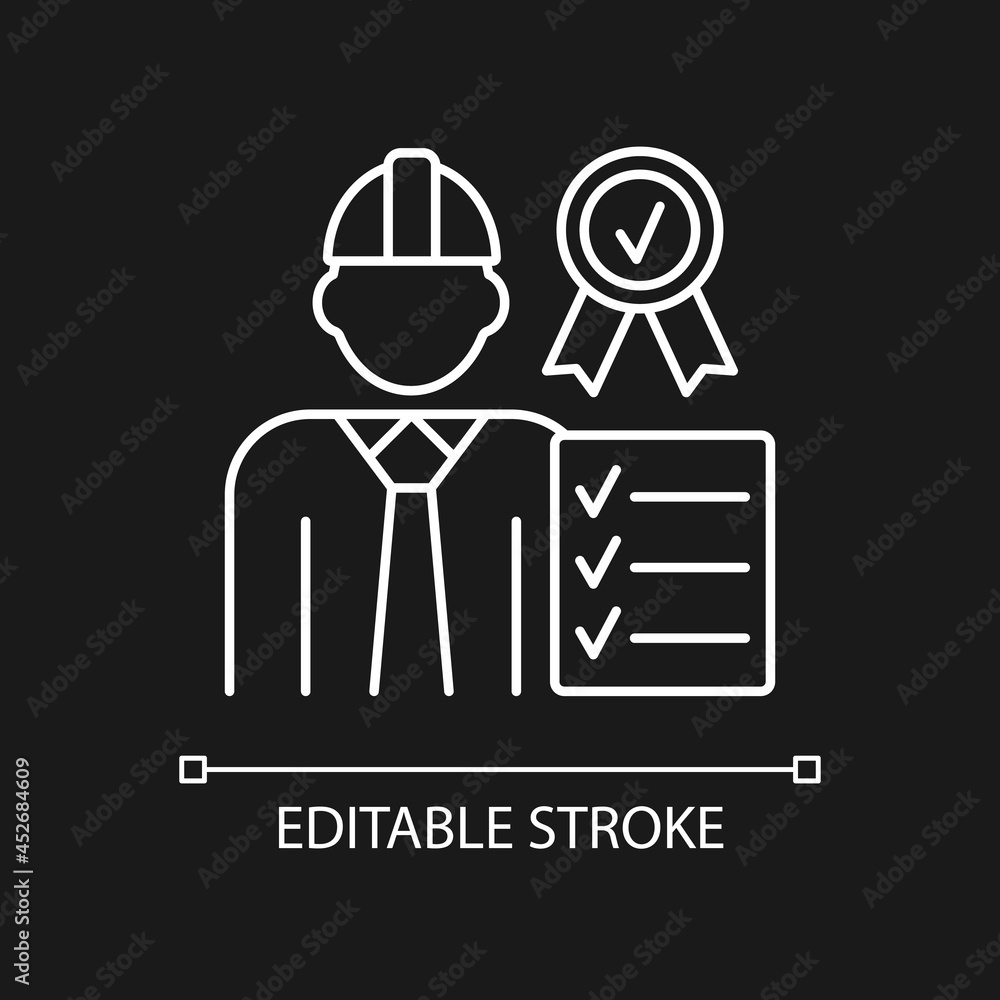 Poster quality control manager white linear icon for dark theme. products inspector. high quality products.