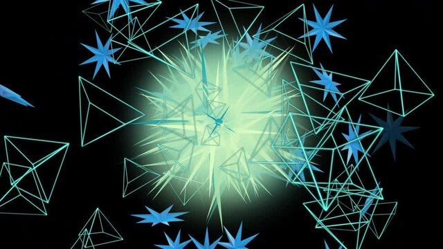 Abstract ball emits large blue snowflakes and transparent triangles. Flying in endless space. Close-up of endless flight. Contemporary stage design. Seamless 3d render. 4K. Isolated black background.
